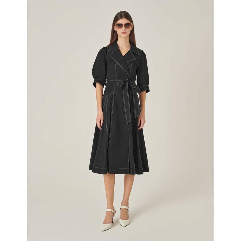 Lapel Puff-Sleeve Double-Breasted Wrap Dress