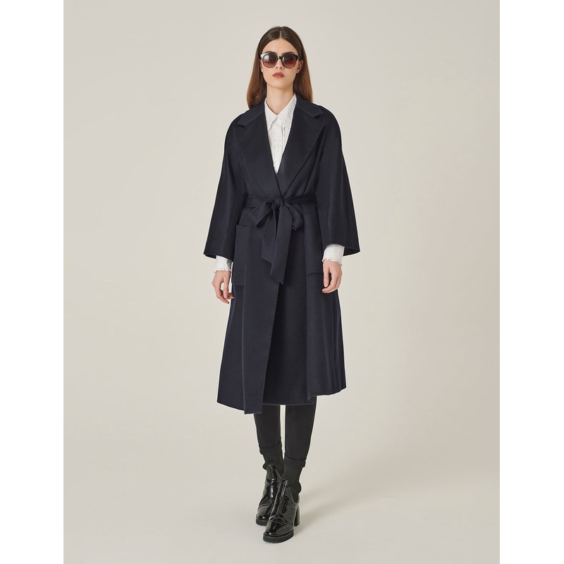 Lapel Wrap A-Line Silhouette Silk-Cashmere Coat