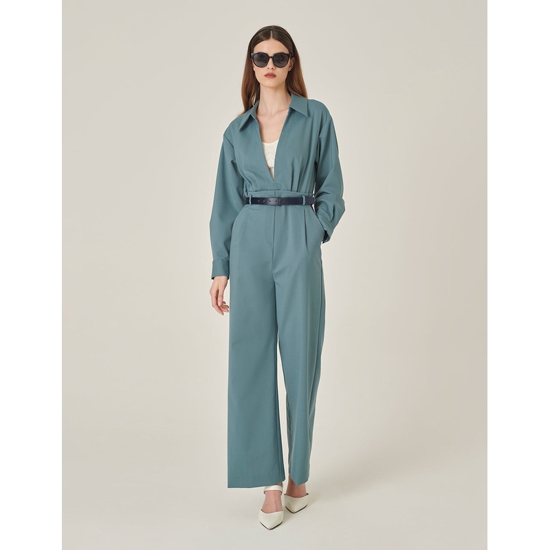 Mist Blue Deep V Shirt Collar Wide Leg Jumpsuit