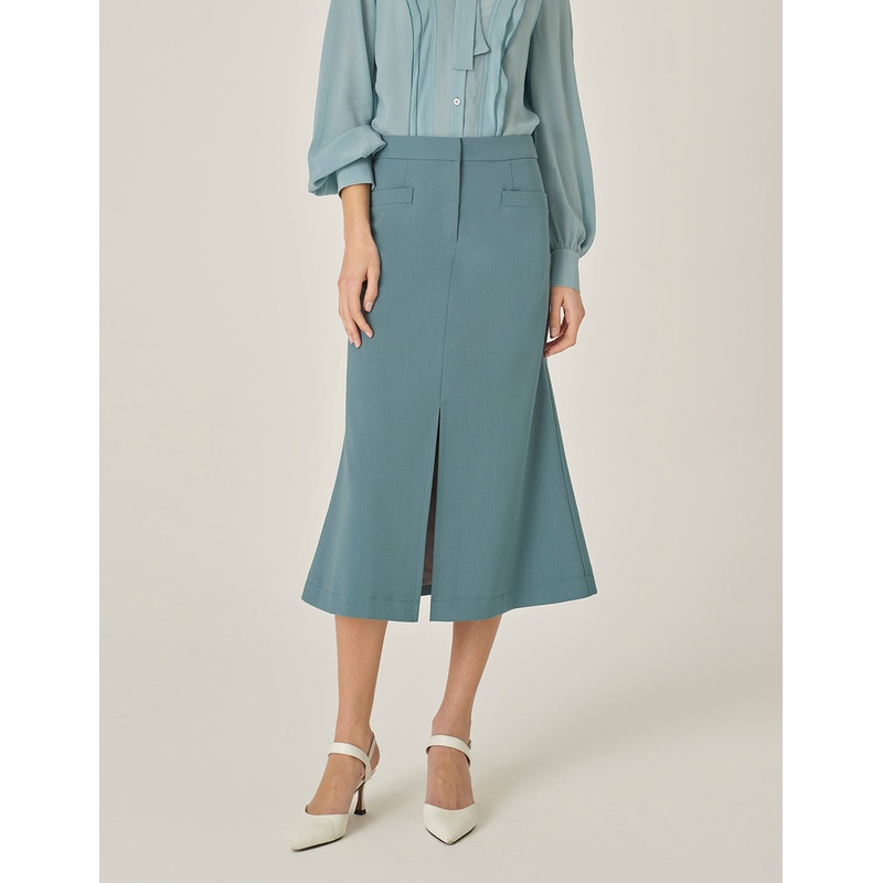 Mist Blue Mid-Front Slit Knee-Length A-Line Skirt