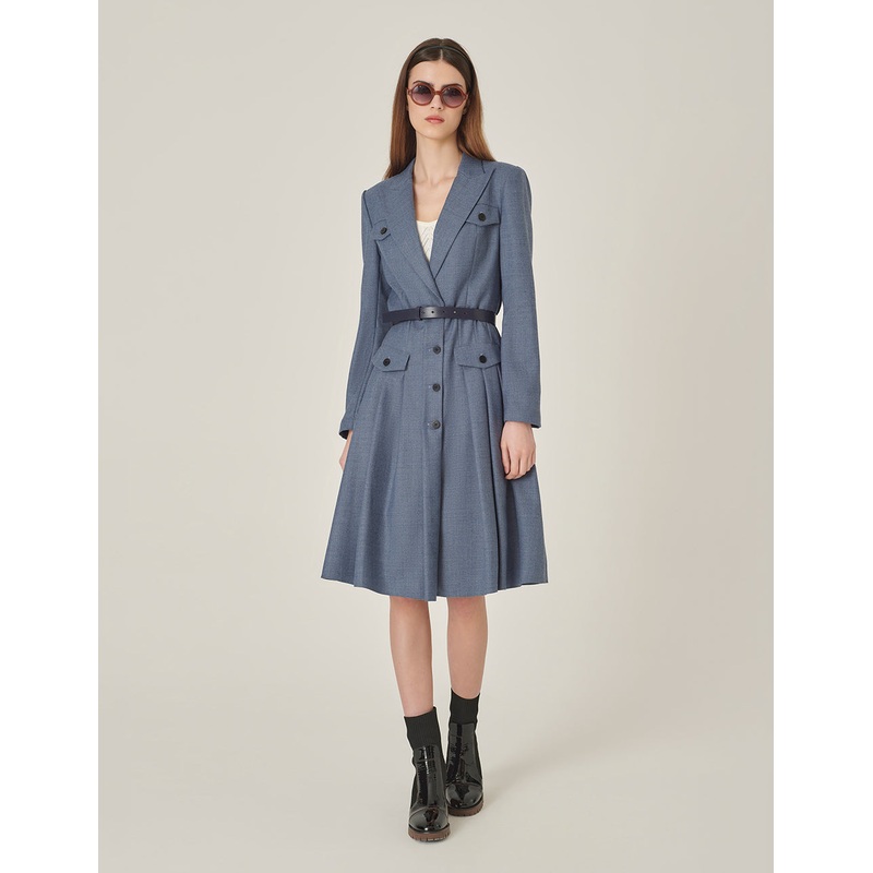 Mist Blue Peaked Lapel Patchwork Pleated Long Sleeve Button Dress