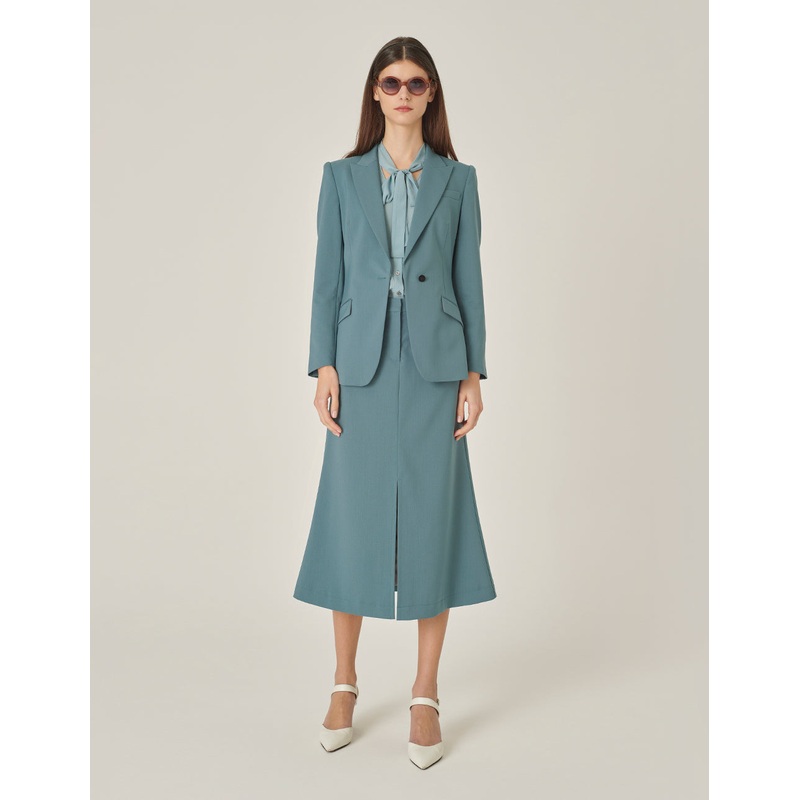 Mist Blue Peaked Lapel Single-Breasted Waisted Blazer