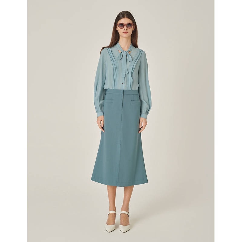 Mist Blue Ruffled Silk Blouse With Ribbons