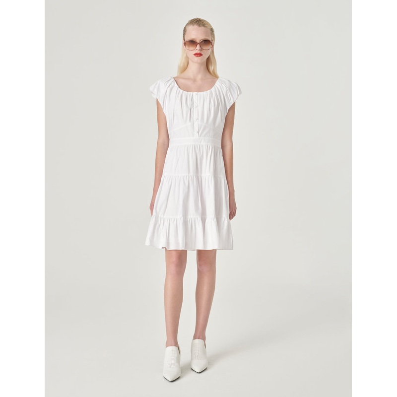 Puff Sleeve Pleated Cotton Dress
