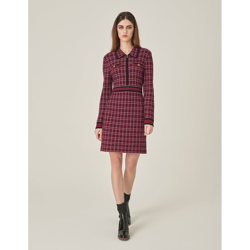 Red & Black Plaid Long-Sleeve Imitation Tweed A-Line Knitted Midi Dress