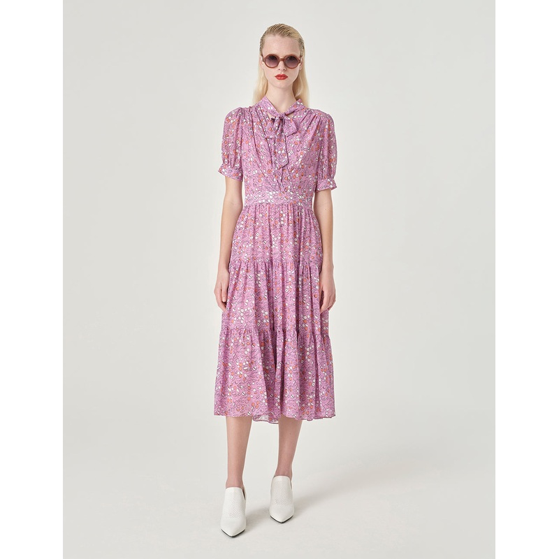 Ribbon Pleated Short-Sleeved Dress