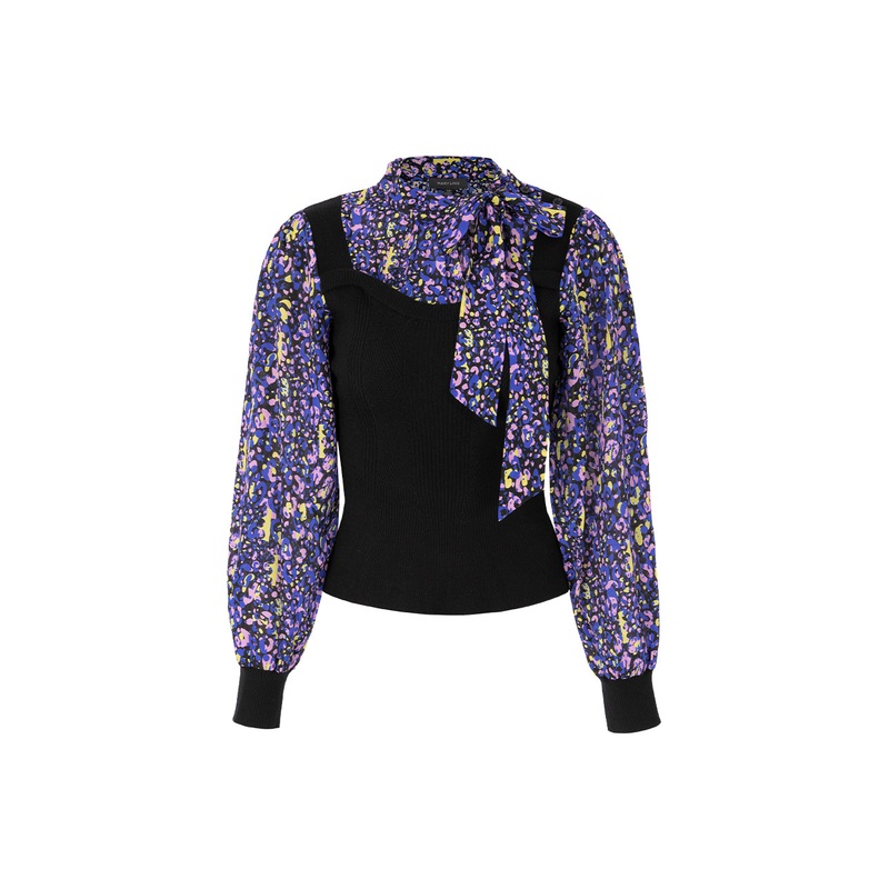 Ribbon Silk Printed Top Patchwork Knitted Vest