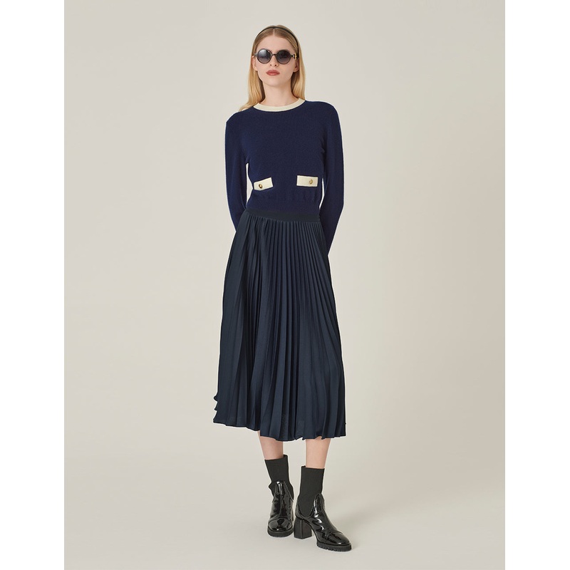 Round-Neck Contrast Long-Sleeve Cropped Cashmere Knitted Sweater