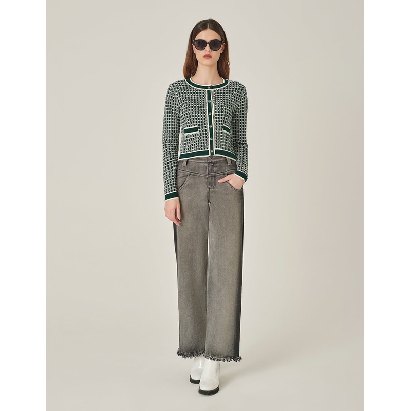 Round Neck Glitter Checked Long-Sleeve Cropped Knitted Cardigan