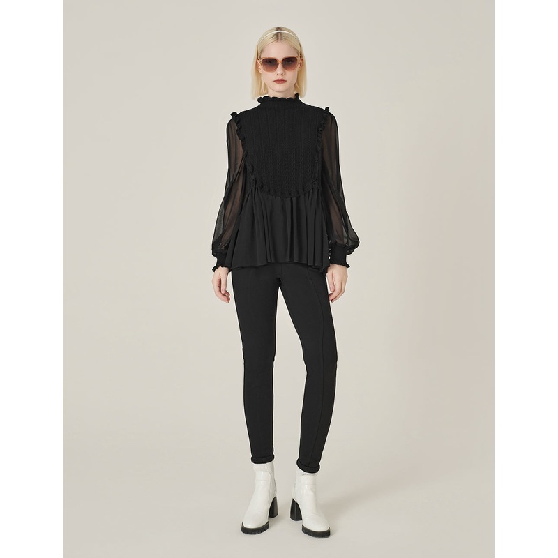 Ruffle Long-Sleeve Patchwork Knitted Top