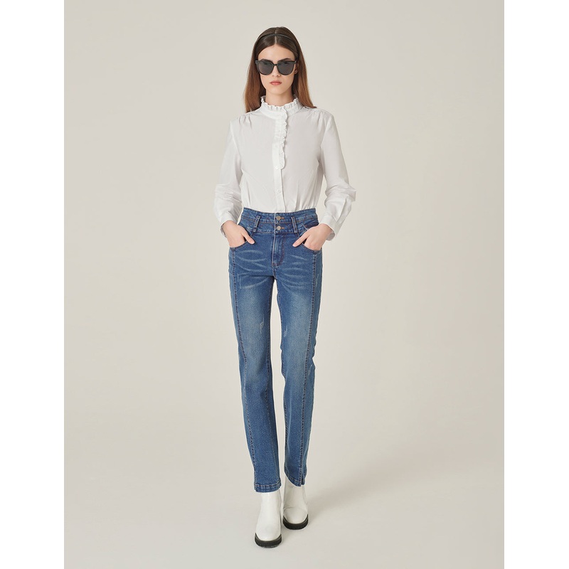 Ruffle-Stand Collar Long-Sleeve Cotton Blouse