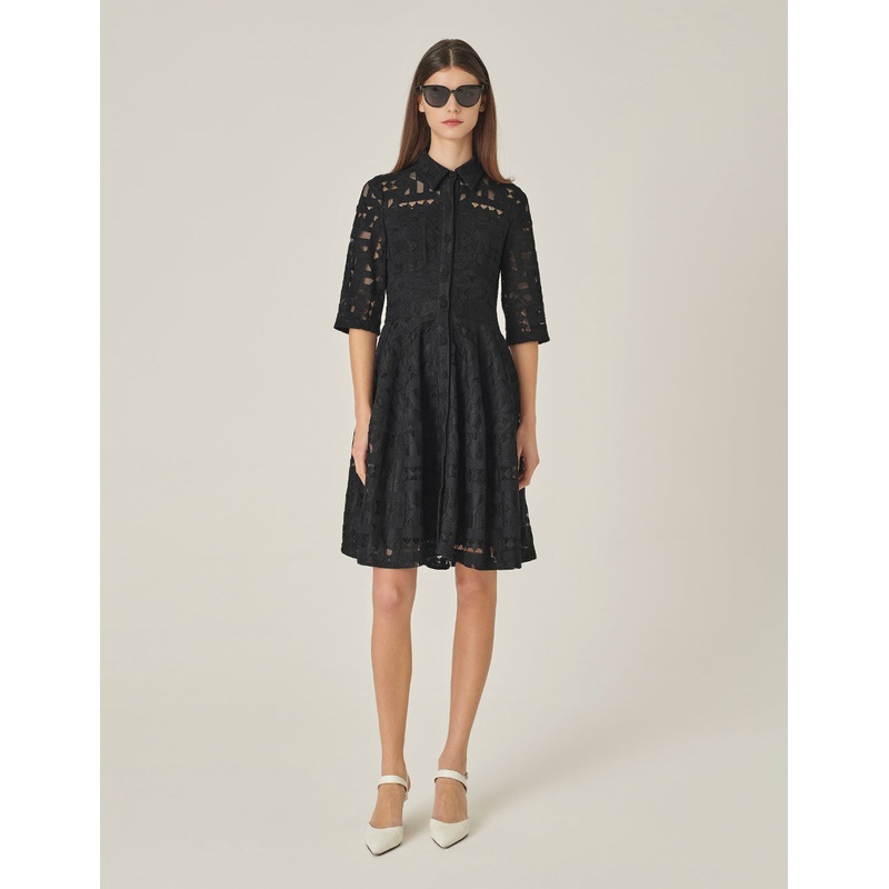 Shirt Collar Half-Sleeve Black Lace Dress