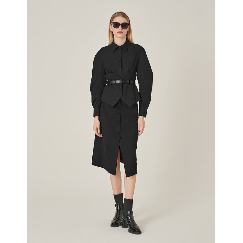 Shirt Collar Patchwork Waisted Long Sleeve Jacket