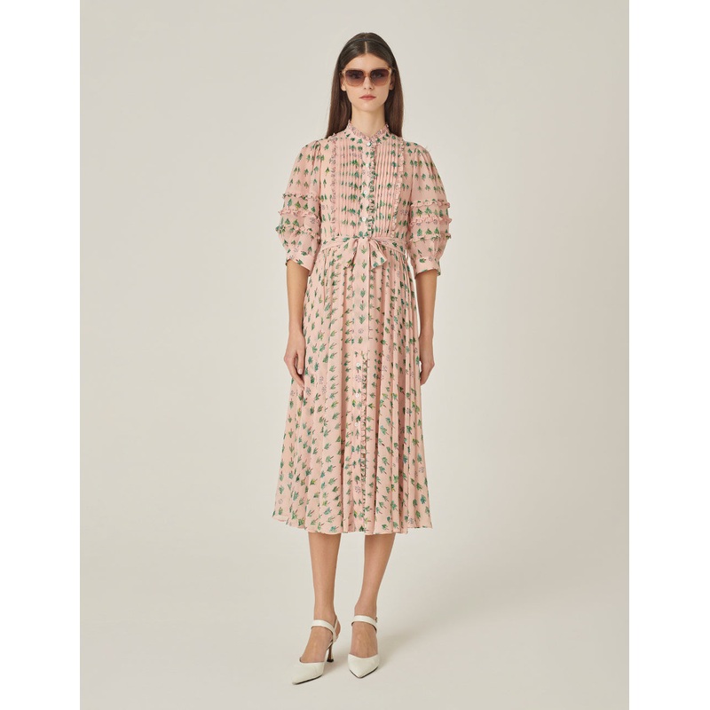Small Stand Collar Puff Sleeve Tree-Printed Dress