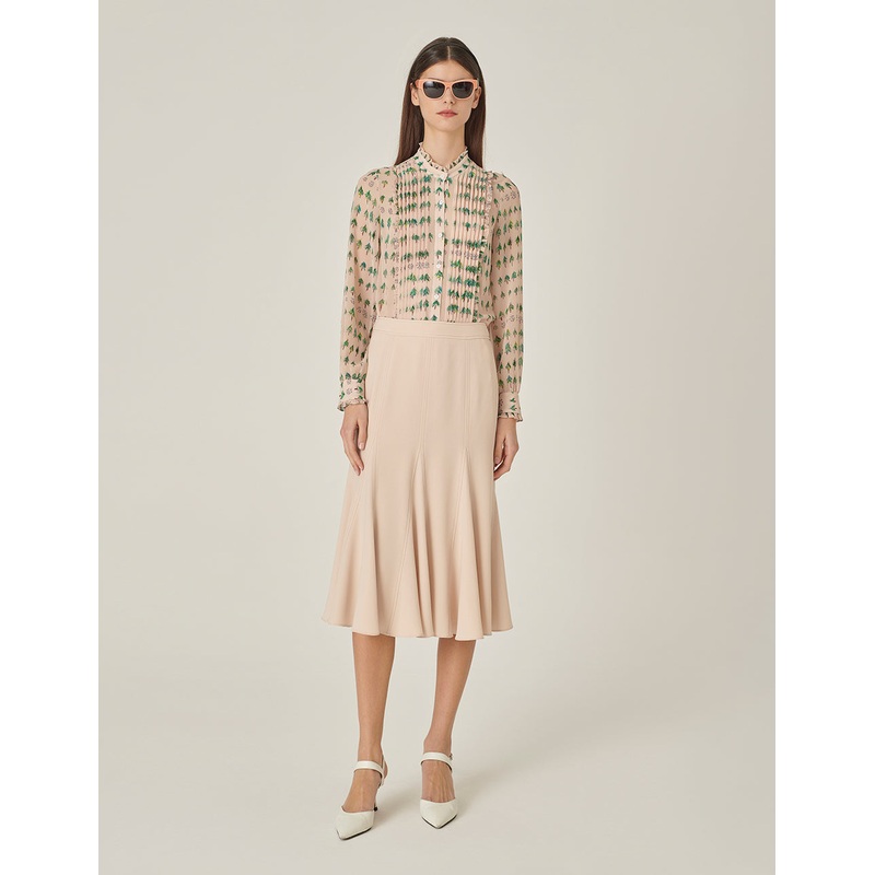 Small Stand Collar Ruffle Tree-Printed Top