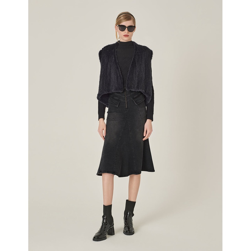 Smoke Black Washed Denim Fishtail Knee-Length Skirt