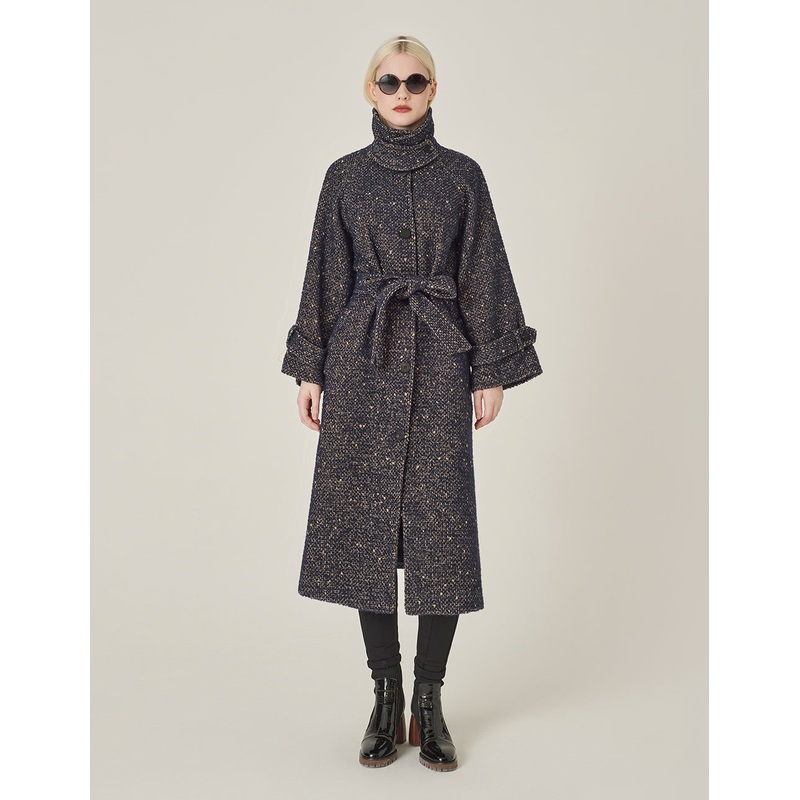Stand Collar A-Hem Tweed Coat