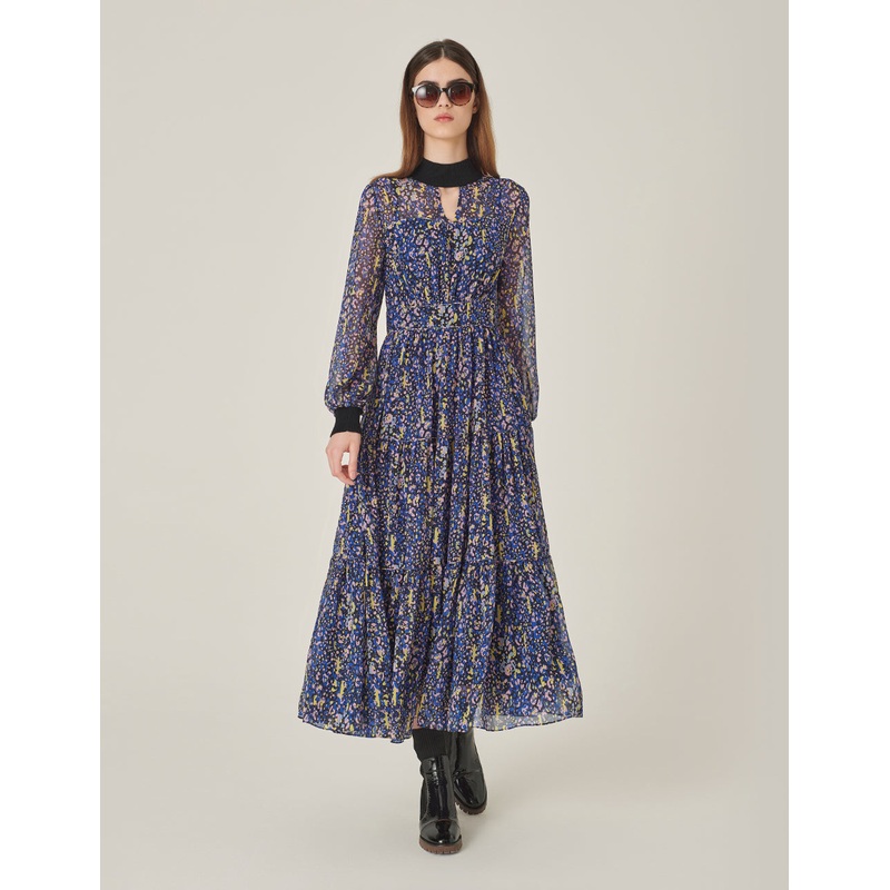 Stand Collar Georgette Printed Pleated Mid-Length Dress