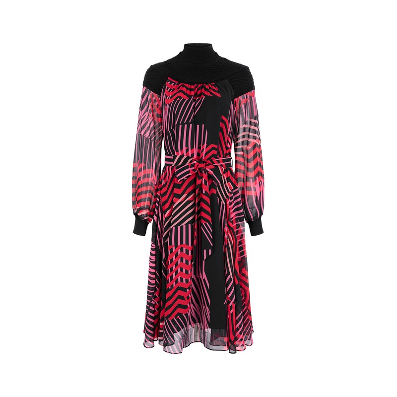 Stand-Collar Striped Printed Knitted Patchwork Midi Dress
