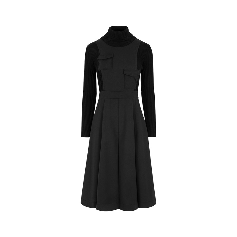 Stand-Neck Patchwork Midi Knitted Wool Pleated Dress With Pockets