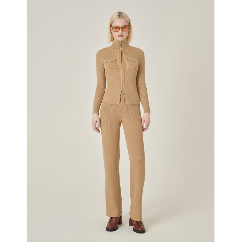 Straight Wide-Leg Apricot Pocket Knitted Trousers