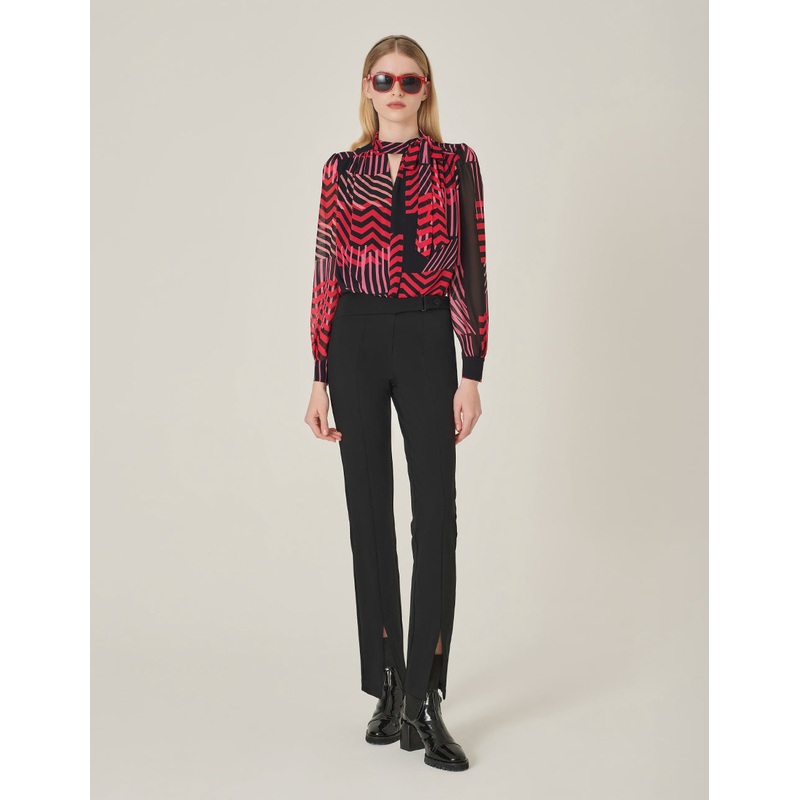 Striped Long-Sleeve Tie-Neck Printed Top