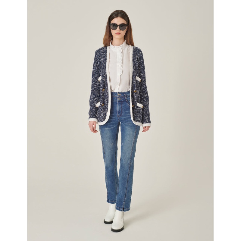 Tweed Multi-Pocket V-Neck Knitted Cardigan