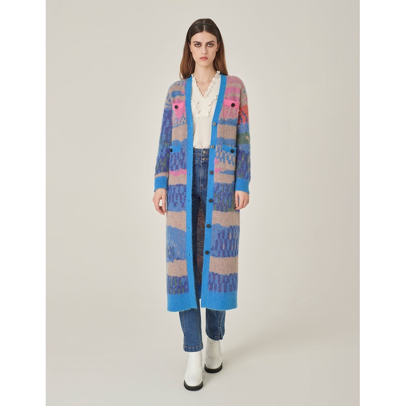 V-Neck Color-Striped Jacquard Long Knitted Cardigan