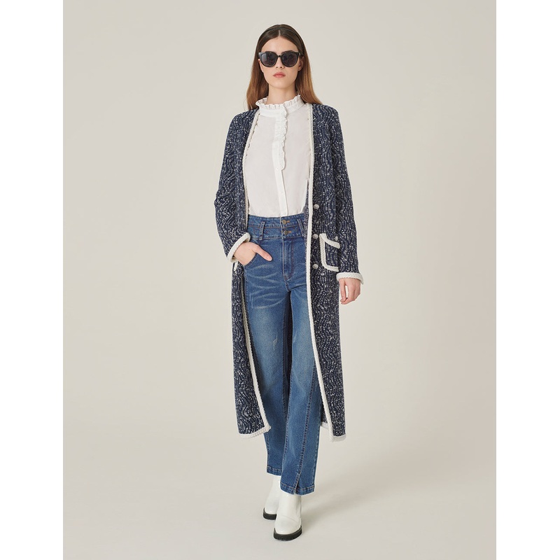 V-Neck Long-Sleeve Straight Tweed Knitted Long Cardigan Jacket