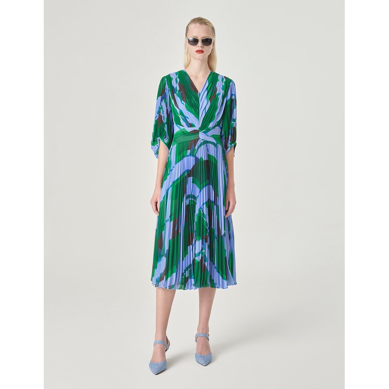 V-Neck Mid-Length Sleeve A-Line Printed Dress