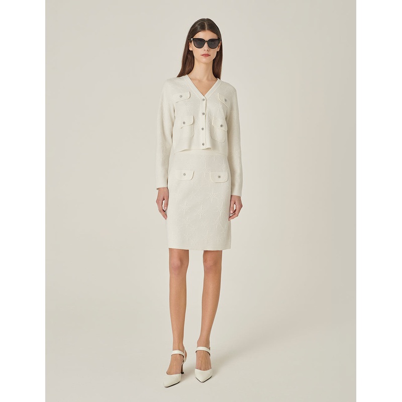 V-Neck Multi-Pocket Long-Sleeve Jacquard Cropped Knitted Cardigan