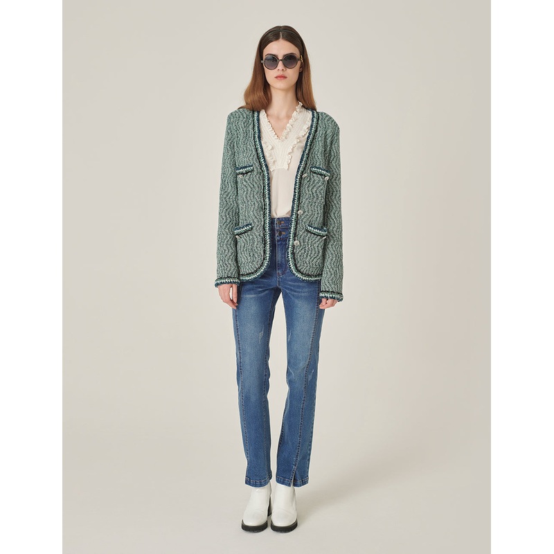 V-Neck Multi-Pocket Tweed Knitted Cardigan