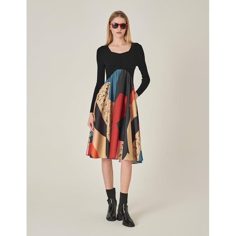 V-Neck Printed Knitted Patchwork Dress