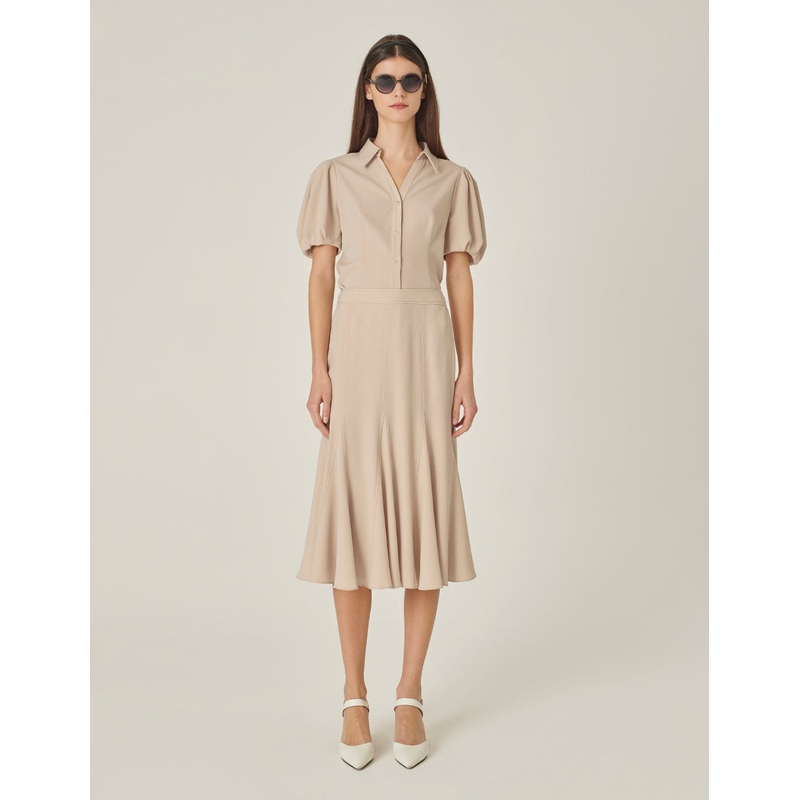 V-Neck Puff Sleeve Waist Apricot Top