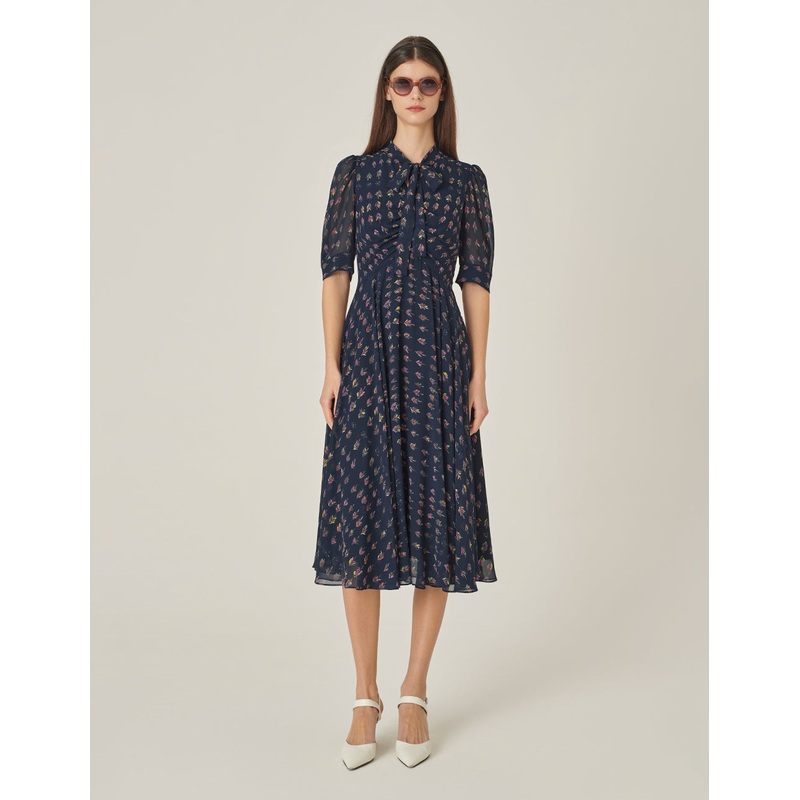 V-Neck Ribbon Tree-Printed Blue Dress
