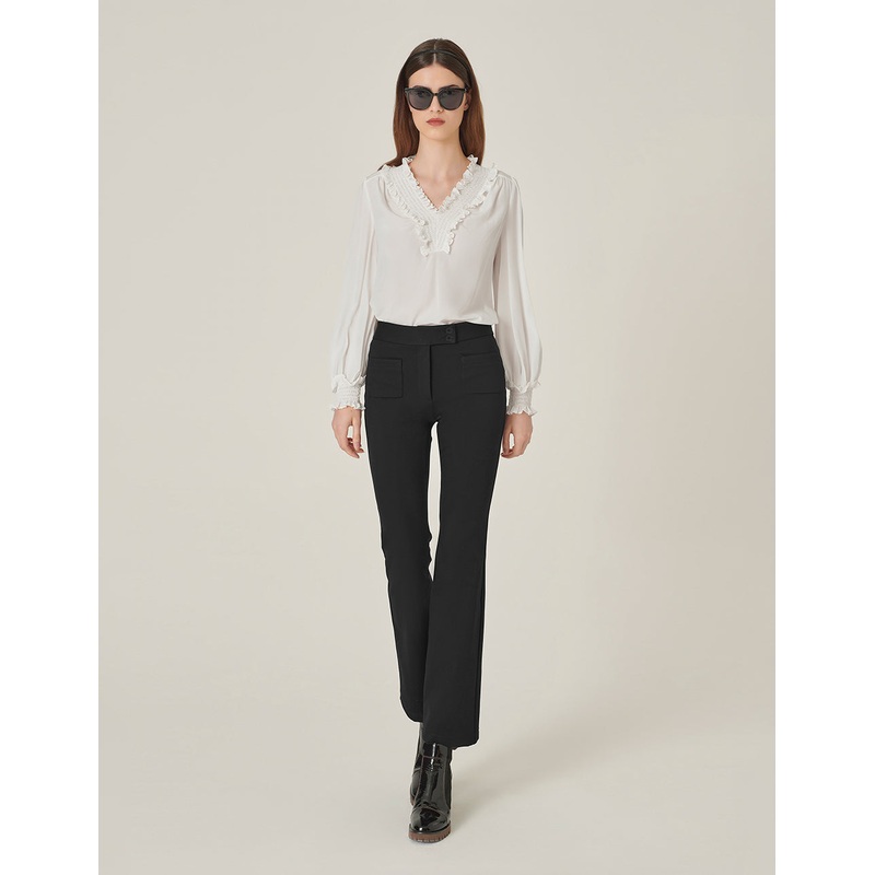 V-Neck Ruffle Long-Sleeve Silk Top