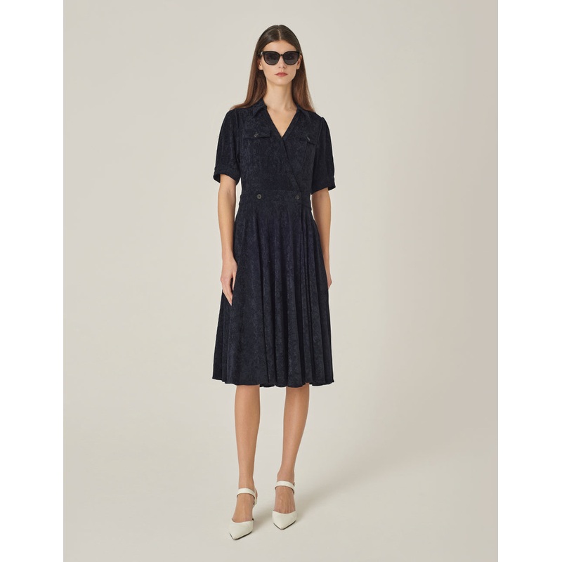 V-Neck Short Sleeve Dark Blue Wrap Dress