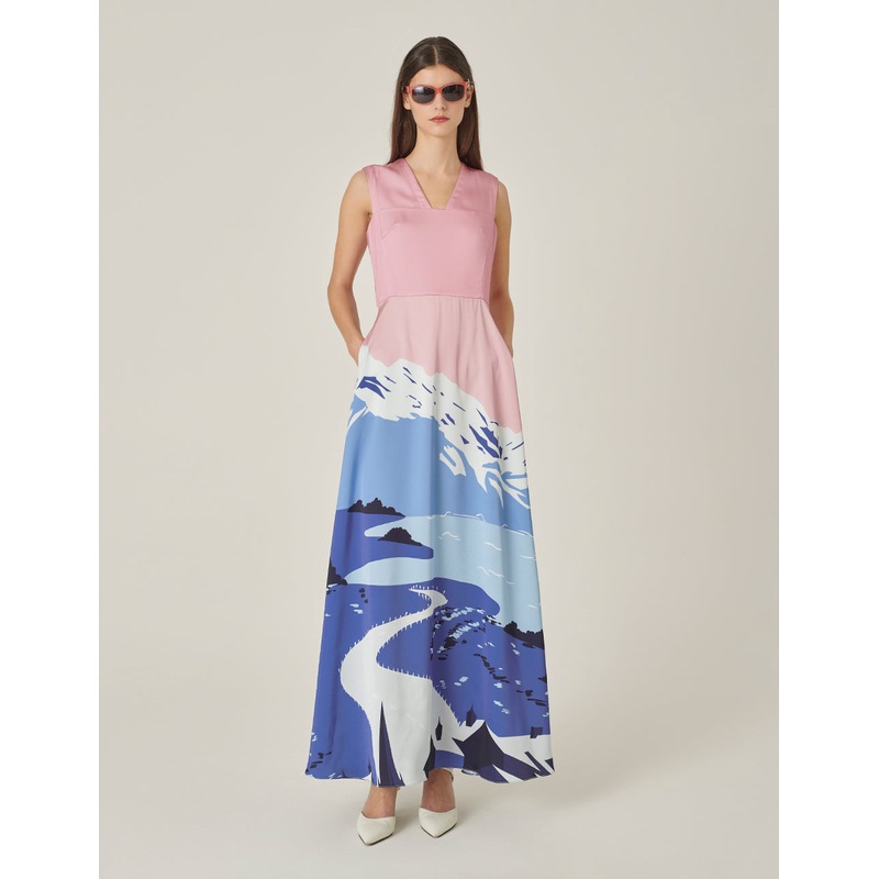 V-Neck Waisted Sleeveless Printed Dress