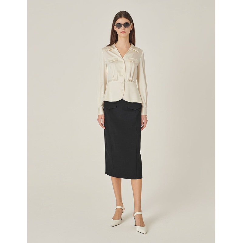 V-Shaped Shirt-Collar Waisted Cream Silk Top