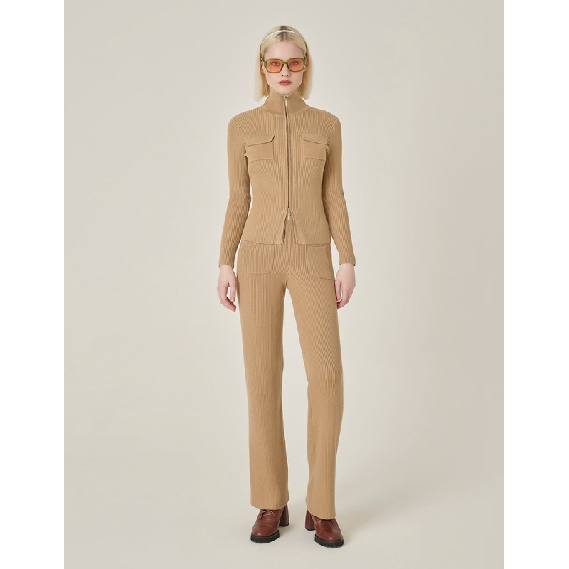 Apricot Stand Collar Zipper Sweater