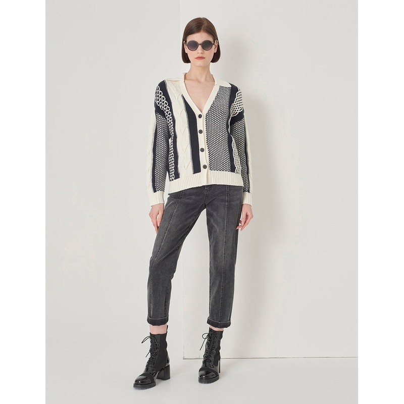 Black And White Contrasting Design Knitted Cardigan