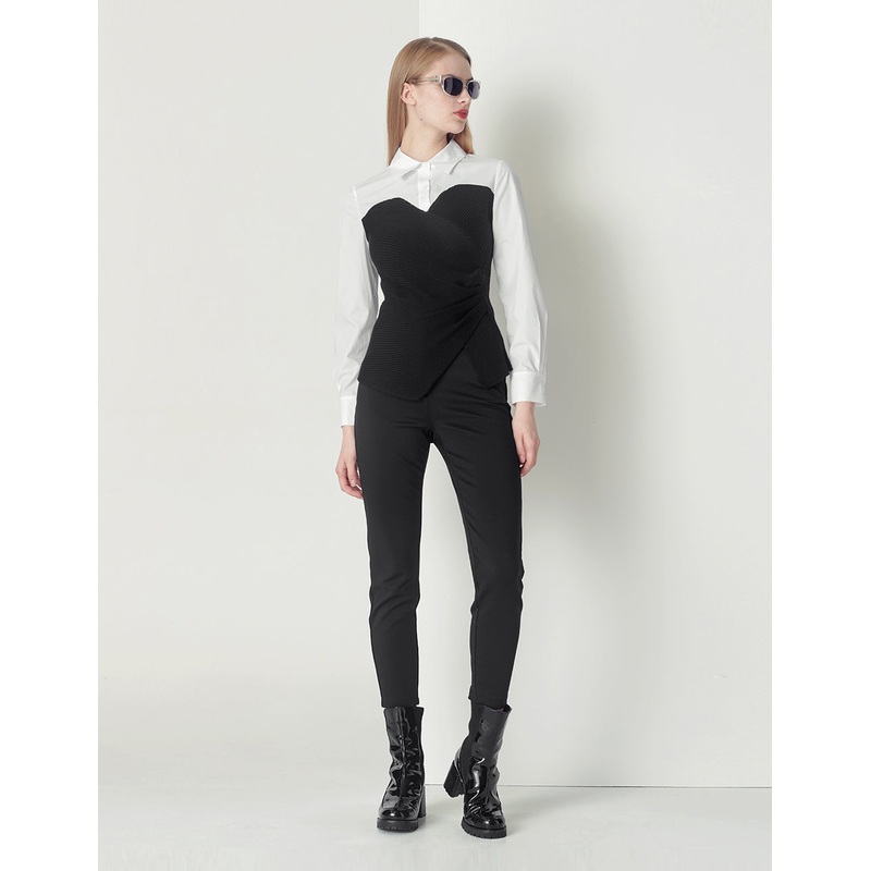 Black Asymmetric Belt Metal Buckle Stretch Knit Pants