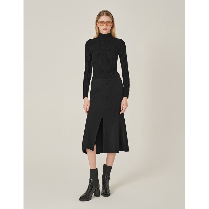 Black Curved Hem Split-Front Midi Skirt