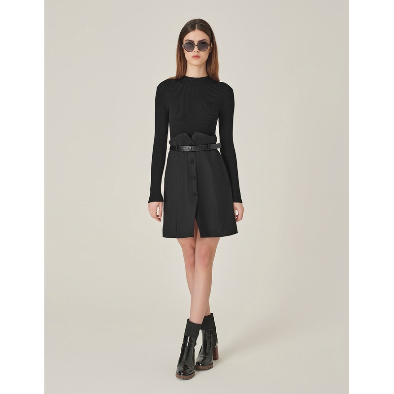 Black Faux Wool Knit Slit Dress