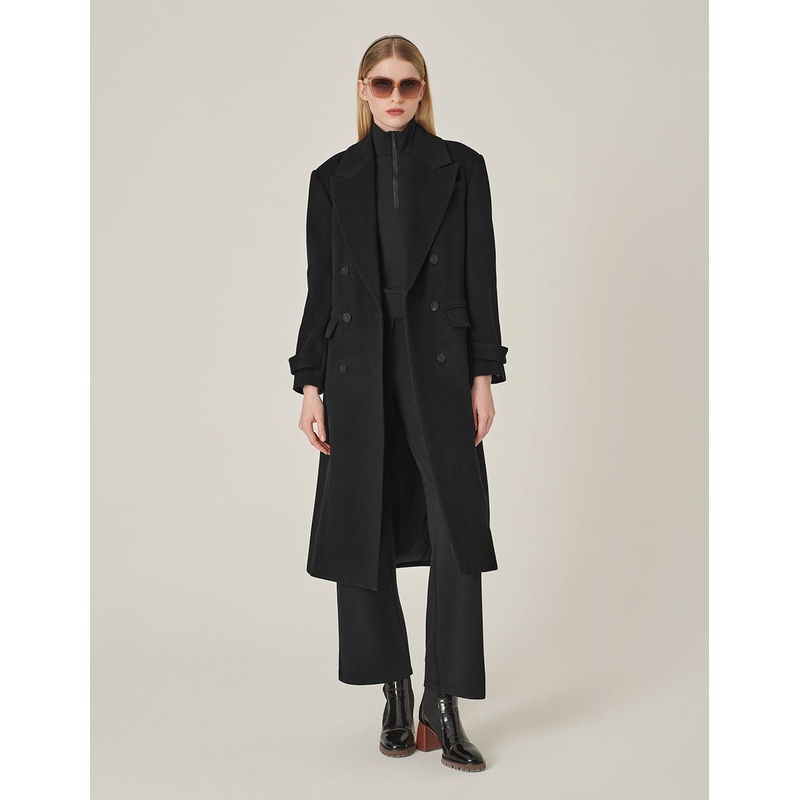 Black Notched Lapel Wrap H-Shaped Belted Wool Coat