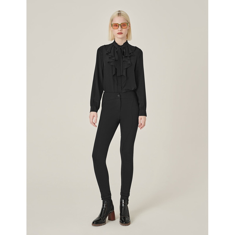 Black Ruffled Long-Sleeved Silk Blouse