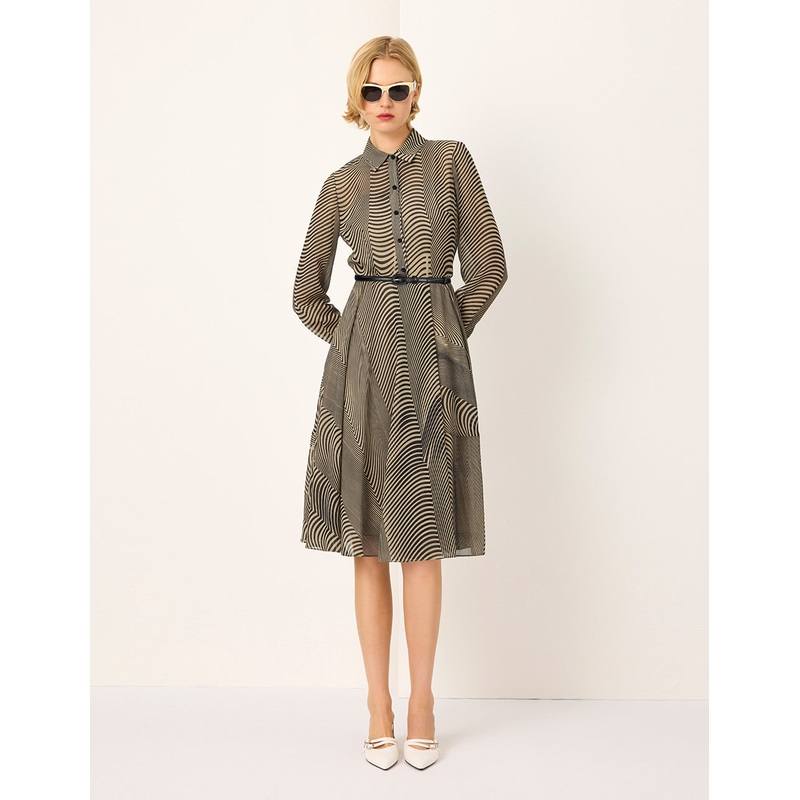 Black Striped Print Midi Shirt Dress