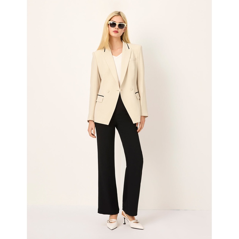 Black-Trim Peaked Lapel Double-Breasted Blazer