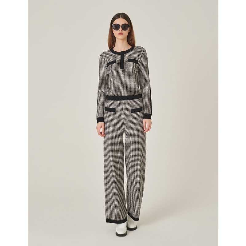 Black & White Houndstooth Knitted Straight Wide-Leg Pants