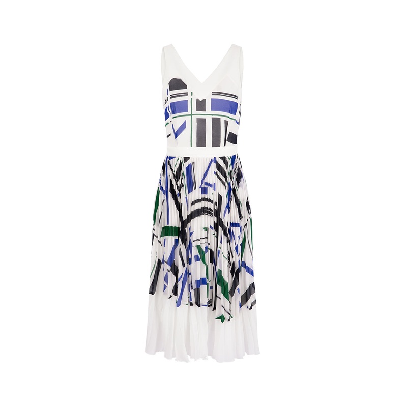 Blue And White Geometric Stripe Print Georgette Dress